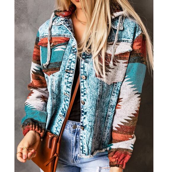 Beautiful Multicolor Aztec Print Frayed Hem Denim Jacket - Picture 3 of 8